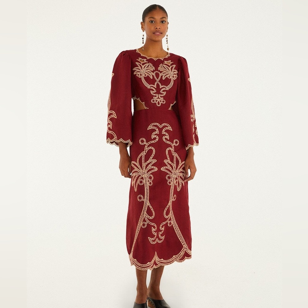 Farm Rio: Red Artisanal Cut-Out Embroidered Euroflax™ Premium Linen Maxi Dress - Picture 5 of 11
